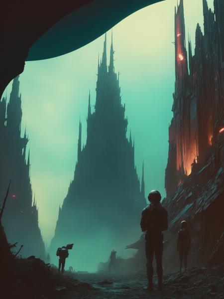 inspired by Stephan Martiniere, hyper realistic and  highly detailed  35mm shot of a horrifying landscape on an alien world, with an onyx black sci-fi mega city with bizarre sky high pillared buildings,  faded colors, atmospheric haze and dense fog, shot on polaroid film, movie still,  black, dark, dimmed and dramatic backlight, masterful, bold lines, limited color palette, high contrast, depth of field, bokeh, (intricate details, masterpiece, best quality:1.4), 
 <lora:- SDXL - vntblk_vanta_shapes_V1.0:.6> vntblk,