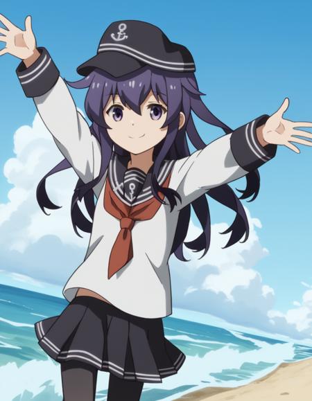 akatsuki, long hair, hair between eyes, purple eyes, purple hair, akatsuki (kancolle) skirt, shirt, long sleeves, hat, school uniform, pantyhose, pleated skirt, serafuku, black skirt, sailor collar, neckerchief, black pantyhose, red neckerchief, anchor symbol, flat cap,