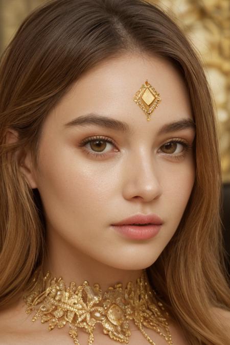 a superb woman's face made entirely of gold, high detail, hard shadows