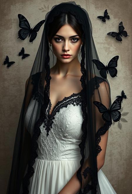 elegant woman, black veil, ivory gown, black lace, gothic romance, melancholic mood, dark butterflies, soft textured background, botanical motifs, dreamlike atmosphere, serene expression, poetic composition, introspective mood, fantasy portrait, romantic gothic style