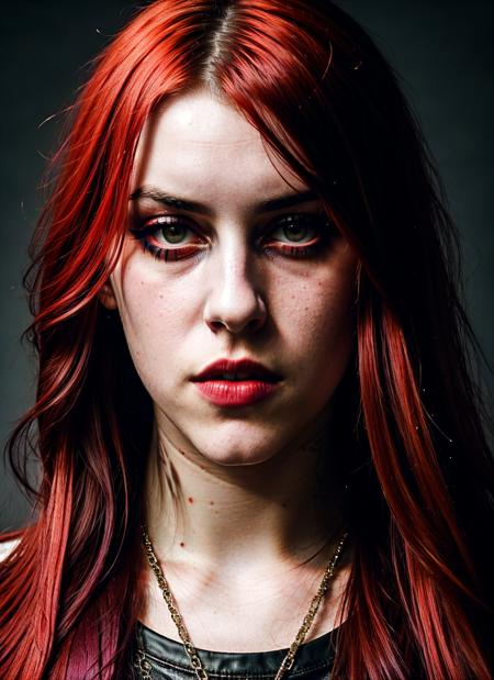 A stunning intricate full color portrait of teenage sks woman with red hair and dark makeup as techno queen, epic character composition, sharp focus, <lyco:emilyKavanaugh:1>