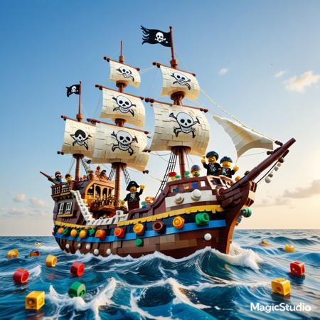 a LEGO pirate ship braving a brick-built ocean, sails stitched from flat tiles, cannonballs flying as rounded studs, wave crests shaped with white curved slopes, minifig pirates yelling with expressive printed faces, LEGO