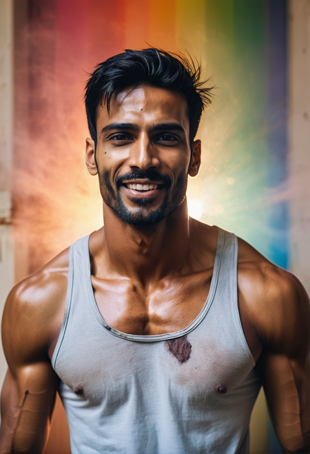 Candid photograph of a 24 year old very tall and (muscular:0.93) Indian (handsome:1.63) man wearing an ripped undershirt, His eyes are dark hazel, Dark short hair and a prominent wide nose and wide jaw, (Very short beard:0.88), (Body hair:1.9), (He is looking down at the viewer:0.75), (Highly detailed skin), (Has faint oil smudges and sweat on his skin:1.1), (The photo is taken late afternoon) inside his prison cell, (A rainbow exploding with joy:1.27) <lora:a_rainbow_exploding_with_joy:0.95>, Brandon Woelfel Style <lora:Brandon Woelfel Style:0.95>