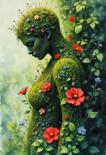 masterpiece, best quality, A hyper-realistic Close up shot of a figure completely made of grass and red flowers in female form, full body zoomed in, ultra sharp focus photo, 3d render, architecture, dark fantasy, vibrant (photography, high-resolution, dynamic, energetic,hyper-realistic, dramatic lighting, shallow depth of field.), dramatic lights, Cinematic, beautiful, vibrant, masterpiece, 32k, ultra HD, ultra-detailed, amazing quality, amazing artist, sharp edges, detailed textures, full view, atmospheric lighting, amazing visuals