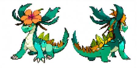 tropical dragon wearing a flower crown dragontype grasstype white background front and back