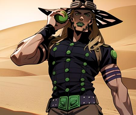 ANIME, MANGA, solo, araki hirohiko (style) holding a metallic green ball, gyro zeppeli, brown hat, goggles,  belt,  thin waist, male focus, 1boy, masterpiece, best quality, ultra-detailed detailed, detailed digital artwork, hi res, male focus, beard,  desert background, <lora:gyro-000003:0.85>