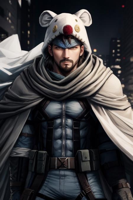 masterpiece, best quality, solid snake, facial hair, animal hood, white cloak, mooglesuit, blue bodysuit, looking at viewer, serious expression, male focus <lora:mooglesuit-nvwls-v1:1> <lora:solidsnake-nvwls-v1-final:0.8>