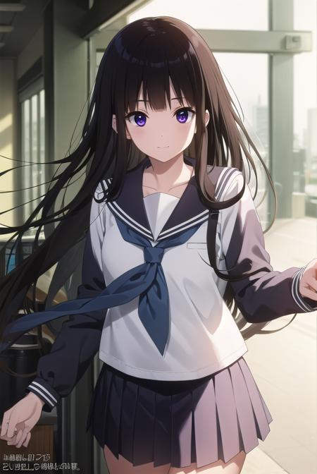 eruchitanda, <lora:eru chitanda s1-lora-nochekaiser:1>,
eru chitanda, long hair, black hair, bangs, blunt bangs, (purple eyes:1.1), sidelocks, smile,
BREAK skirt, school uniform, serafuku, kamiyama high school uniform \(hyouka\), black skirt, long sleeves, black sailor collar,
BREAK indoors, classroom,
BREAK looking at viewer, (cowboy shot:1.5),
BREAK <lyco:GoodHands-beta2:1>, (masterpiece:1.2), best quality, high resolution, unity 8k wallpaper, (illustration:0.8), (beautiful detailed eyes:1.6), extremely detailed face, perfect lighting, extremely detailed CG, (perfect hands, perfect anatomy),