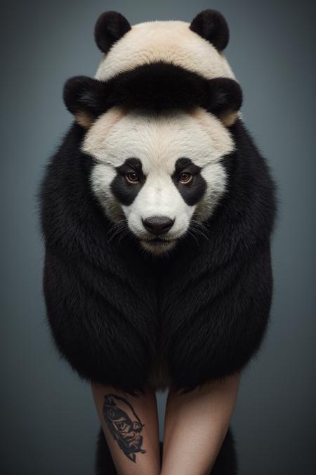 anthropomorphic,half panda head, therianthrope woman panda, looking at viewer, fur jacket, using a Generative Adversarial Network, high details, intricate details, dramatic light, portrait ratio, high contrast, profesional pentax photoshot, piercings, tattoos, slate atmosphere, cinematic, dimmed colors, dark shot, muted colors, film grainy, lut, insane details, intricate details, hyperdetailed, full body