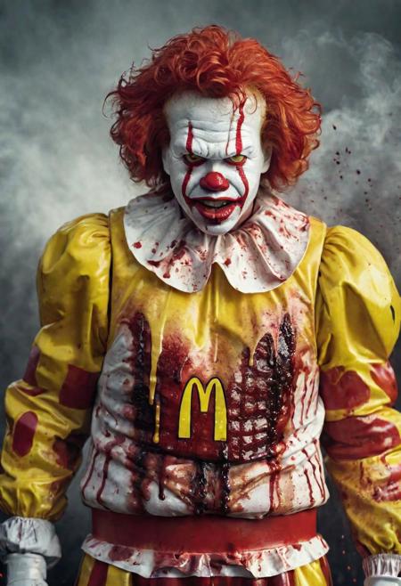 creative photo of sweaty McDonald's character Ronald McDonald as a real character, McDonalds logo on chest, blood, (dystopian movie:1.22), film grain, sweaty face, extreme detailed face ,angry, as gore movie, gruesome:1.0, full body photo