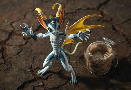 "Create a 4K, exceptionally detailed digital art of a Feral Imp in a dynamic action pose, adorned with blue and yellow accents on a white body, with a ground erosion in the background. The Imp, standing confidently, has outstretched arms, holding a wrench and standing near a clear fur container with additional details. Aim for vibrant colors, sharp lines, and a balanced, well-timed composition. Consider an isometric view and use Octane Render or Unreal Engine 5 for a captivating, realistic look. Include a powerful message, vivid emotions, and beautiful detailed eyes. Submit to CGSociety or Artstation for trending consideration."