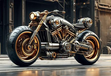 RetroBG, 8k, score_9, score_8_up, score_7_up, masterpiece, realistic, ultra detailed, vibrant colors, photorealistic, futuristic motorcycle, minimalist design, futuristic motorbike, thick wheels, huge exhaust pipes, futuristic style, frame centered, full body view, highly detailed, photorealistic style, lighting focused on the sculpture, rich textures, composition that highlights the complexity of the machine, (polished metal: 1.2), (smooth metal: 1.2), (detailed rivets: 1.1), (complex joints: 1.2), futuristic mars aesthetic,