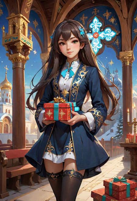 1boy, otoko no ko, Russian femboy, holding a gift box, Orthodox church interior, magical, detailed background Russian, occultism, wallpaper, landscape, depth of field, side lighting, genshin impact, ultra detailed, stockings, long hair, flat chest, bare legs