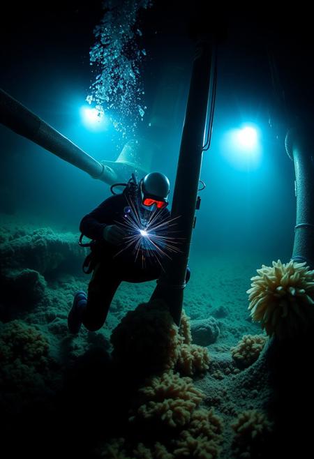 underwater documentary photograph of a saturation diver welding vertical oil pipelines of a drilling rig at the bottom of the ocean, the ocean floor is delicate and bursts into muddy clouds around the legs of the man, a couple of curious deep water fishes wander around, high pressure bell in the visible background, lit by two strong construction lights surrounded by total deep depth darkness
