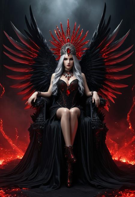 A dark fantasy digital artwork depicts a female figure seated on a 
dark throne with intricate metallic designs resembling dragon scales. The central character has long 
gray hair cascading dramatically around her. She wears an elaborate dress adorned with shiny red crystals and intricate metallic designs, 
dark feathered wings spread symmetrically behind her, 
decorated with bright red crystals and metallic elements. Each wing is composed of countless black feathers. 
The woman's head is crowned with a radiant halo of intense red crystals, 
forming a striking headdress that extends upwards. Her body is adorned with matching jewelry, 
including a prominent red crystal anklet on her left foot. The throne itself features two large skulls positioned on its armrests,
each held by one of the character's hands. The background is swirling clouds and embers, 
enhancing the eerie atmosphere. Around the throne are many scattered human skulls, drowned in darkness, 
rocky terrain, 
adding to the sinister ambiance. The scene takes place in a foggy context, 
smoky backdrop, 
contributing to the mystical yet eerie feeling. Dramatic lighting highlights the central figure while casting deep shadows. highly saturated visual effect that emphasizes the surreal and gothic aesthetic.