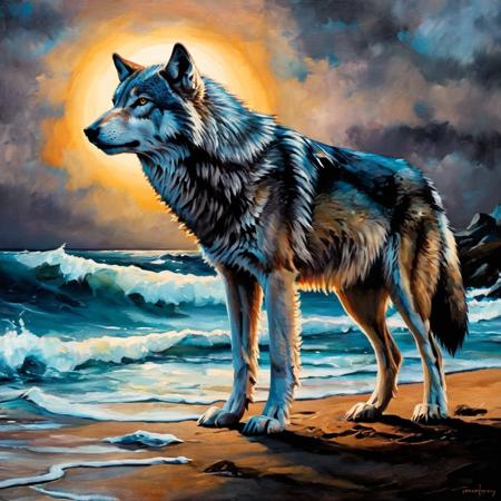 Dark Fantasy Art of  <lora:Dark Art Painting Style:1>
a painting of a wolf standing on a beach dark art painting style, dark, moody, dark fantasy style