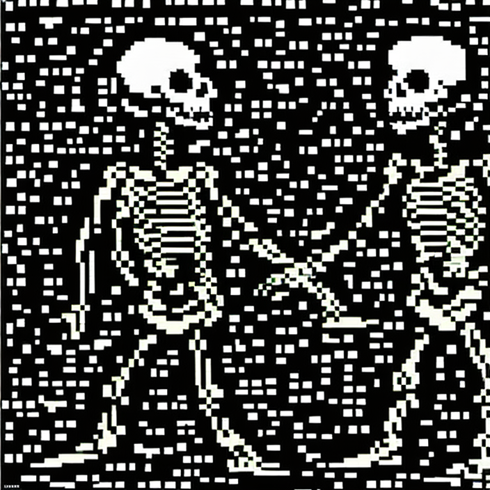 A couple of skeletons dancing, digital art, tim burton, teletext