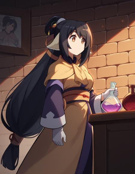 kuon, long hair, black hair, hair ornament, animal ears, brown eyes, very long hair, ponytail, low-tied long hair, medium breasts, tail, robe, long sleeves, capelet, wide sleeves,