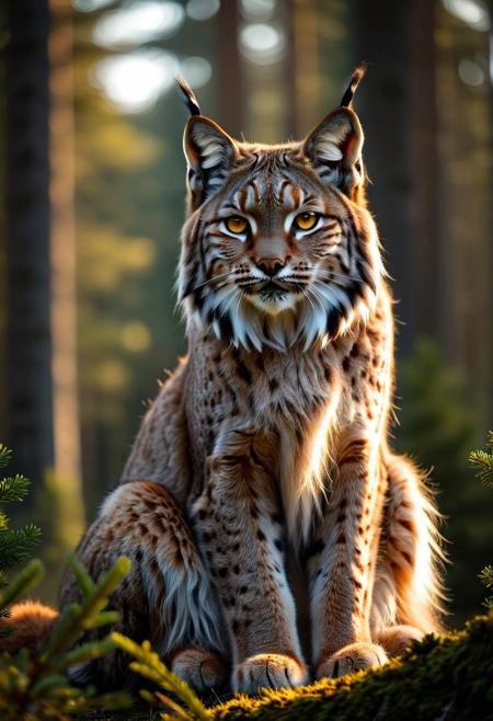 masterpiece, ultra-detailed, hyper-realistic, cinematic lighting, magnificent Lynx, long fluffy fur, striking yellow eyes, sitting directly facing the viewer, calm and elegant posture, highly detailed fur texture, soft lighting, shallow depth of field, realistic whiskers and fur strands, subtle and warm backlighting, photography very realism, pet portrait perfection, coniferous forest background