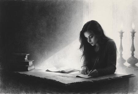 Charcoal drawing, black pencil drawing, pencil drawing, line drawing, graphite drawing, toned paper, masterpiece, colored pencil drawing, Young woman immersed in her books, captured in a moment of serene study, natural light streaming in to highlight her focus, framed in a vertical ratio of 9:16, soft shadows playing on the pages, a calm home environment in the background, digital painting, ultra-realistic high-resolution image, global illumination, detailed and complex environments, cinematic perfect light inspired by Gabriele Dell'Otto and Bob Peake, vibrant, rich colors, HDR quality looks like a cinematic masterpiece