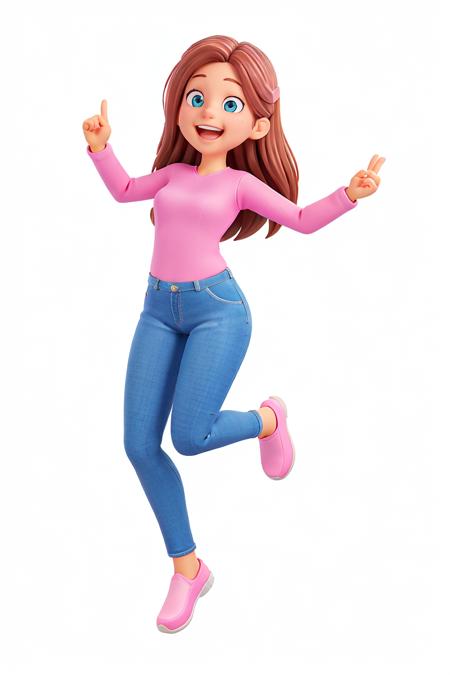 3DHuman\(style\),(Best quality, masterpiece:1.2),3D Rendering, Solo,White Background, texture,
wheat-colored skin, smiling, open mouth, long brown hair, pink loafers, girl standing wearing pink long sleeves and jeans,
looking at the camera,character model,open mouth,smiling,1 girl, FULL SHOT (FS),Full Body, 3D,<lora:3DHuman-000012:0.6>