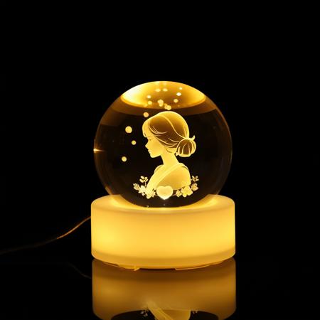 a crystal ball with a portrait of girl inside of it,  yellow night light, warm ambient light <lora:CrystalBall_1.0:1>