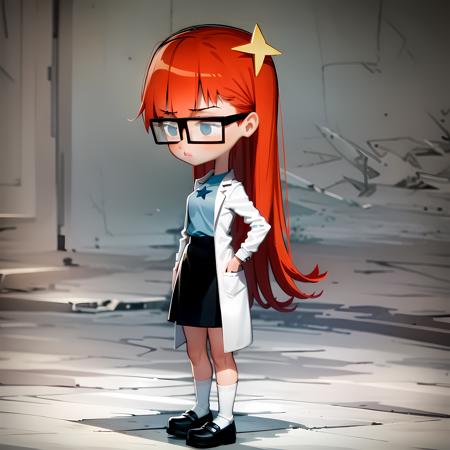 ((masterpiece, best quality)),(complex lighting), solo, 1girl, full body,Susan test, glasses,long hair,red hair, labcoat,blue eyes,simple background, hair ornament,<lora:susanTest14-10:1>,mary janes shoes, white socks, star on shirt,chibi, black skirt, cinematic lighting, vibrant color,