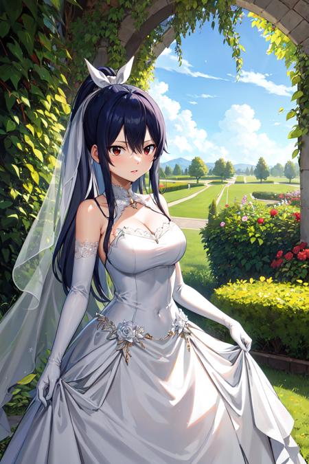 masterpiece, best quality, highres, aakogetsu, long hair, hair ponytail, hair ribbon, <lora:homura_kogetsu_v1:0.7>, wedding dress, white gloves, white dress, garden, standing,