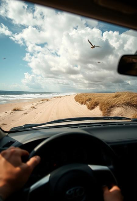 Car driver's gaze, Car running on sandy beach, You can see the ocean, emphasizing the perspective, expanding the area near the distant area, waves, swaying grass and flying birds, shadows on the clouds, the car is positioned based on the golden ratio, movement, savannah wilds, arid prairie, detailed scenery, clouds, 
best quality, sharp focus, high contrast, colorful, ultra quality, 8k, best quality,