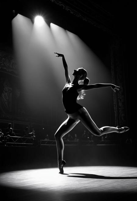 Play with contrast by merging a dancer's graceful movements with the dramatic lighting of a theater stage, their silhouette blending with the spotlight. Use a monochrome digital camera to capture the scene in black and white.intricate details , 4k,wallpaper