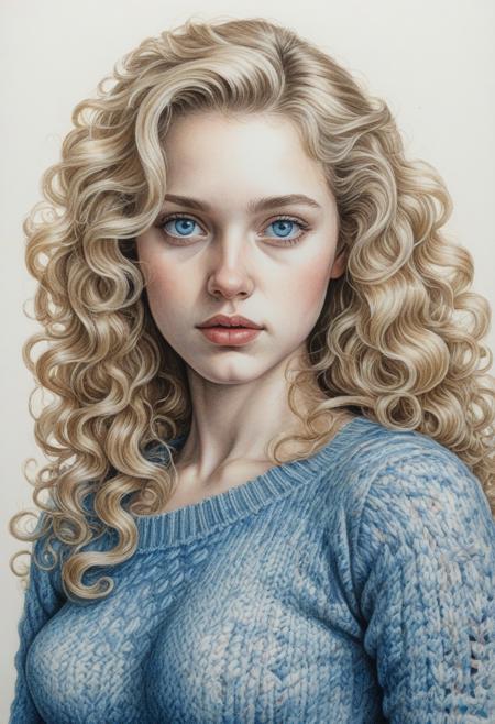 3/4 Portrait of a young woman, long curly hair, blonde hair, hair swept to one side, blue eyes, perfect figure, small chest,  knitted sweater, 2/3 face angle, post-processing rendering, Oil Ink drawing, rococo, ink and watercolour, high colour saturation, masterpiece, surrealism, ultra detailed, high resolution