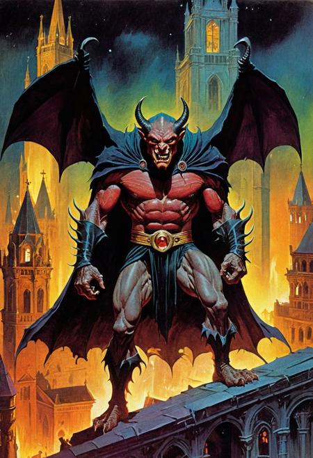 grainy, noise, 1970s dark fantasy book cover paper art dungeons and dragons style, masterpiece, (high quality:1.1) BRAKE, solo, ragged cloak, slinky outfit, slinky underpants, Ragged sleeves, male, Demon, Etrigan the Demon, heavy black eye makeup, DC universe, exposed legs, fins ears, tiny horns, glowing eyes, squatting BRAKE, rooftop of cathedral, nighttime, night city