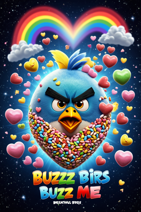 lazympos,a cute Angry Birds made from candyhearts,<lora:lazympos:1>,<lora:crowd_notrigger:0.7>,<lora:add-detail-xl:1>,breathing rainbows,magic,sci fi,energy,text "buzz me",<lora:Candyhearts-15:0.7>,(outer space background) . Professional,modern,masterpiece,super realistic,highly detailed