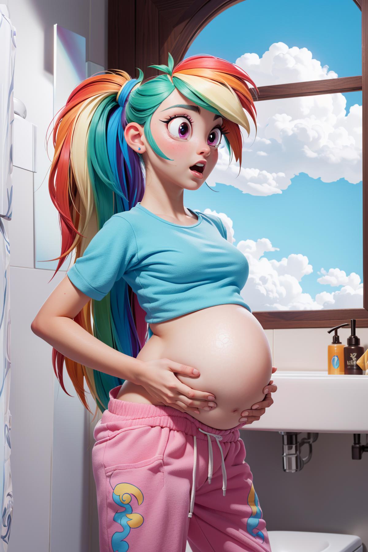 A pregnant cartoon character with pink hair and pink pants.