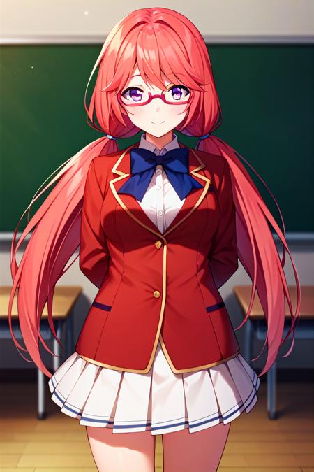 airi sakura, blue eyes,, long hair, red hair, low twintails, glasses school uniform, bow tie, red jacket, white skirt, pleated skirt, stockings