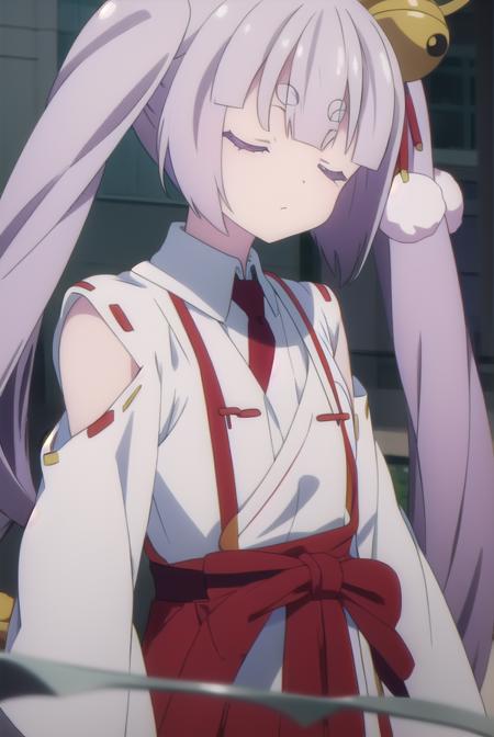 tsukuyoinaba, <lora:tsukuyoinaba-lora-nochekaiser:1>, 
tsukuyo inaba, long hair, hair ornament, twintails, very long hair, purple hair, (closed eyes:1.5), thick eyebrows,
BREAK skirt, japanese clothes, bell, hakama, hakama skirt, jingle bell, miko, hair bell, red hakama,
BREAK looking at viewer,
BREAK outdoors,
BREAK <lyco:GoodHands-beta2:1>, (masterpiece:1.2), best quality, high resolution, unity 8k wallpaper, (illustration:0.8), (beautiful detailed eyes:1.6), extremely detailed face, perfect lighting, extremely detailed CG, (perfect hands, perfect anatomy),