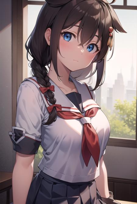 shigure, <lora:shigure-lora-nochekaiser:1>, 
shigure, ahoge, brown hair, blue eyes, braid, hair ornament, hair over shoulder, long hair, single braid, hair flaps,
BREAK black gloves, black serafuku, black shirt, black skirt, fingerless gloves, gloves, neckerchief, pleated skirt, red neckerchief, sailor collar, school uniform, serafuku, shirt, skirt, white sailor collar,
BREAK looking at viewer, 
BREAK indoors, classroom,
BREAK <lyco:GoodHands-beta2:1>, (masterpiece:1.2), best quality, high resolution, unity 8k wallpaper, (illustration:0.8), (beautiful detailed eyes:1.6), extremely detailed face, perfect lighting, extremely detailed CG, (perfect hands, perfect anatomy),