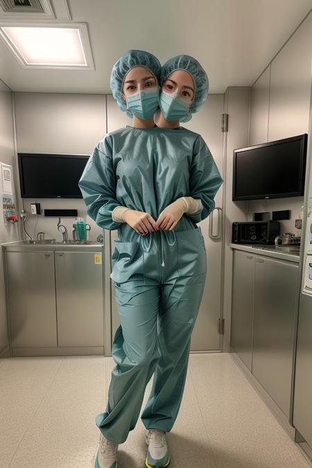 Realistic full body photo of a beautiful 4nn4k-v1 woman, 2girls, two headed, conjoined, conjoined dicephalus, scrubs, tight fit scrubs, light green scrubs, she is a doctor, long pants, long sleeves, wearing a surgical mask, surgery cap, gloves, full body, solo, caucasian, bald, no hair, smiling, realistic, soft, professional Photography, in surgery, well lit photo, Photorealistic, detailed, RAW, analog, sharp focus, 8k, HD, DSLR, high quality, Fujifilm XT3,  award winning, masterpiece<lora:4nn4k-v1:1.0> <lora:4nn4k-v1:1.0><lora:4nn4k-v1:1.0>
