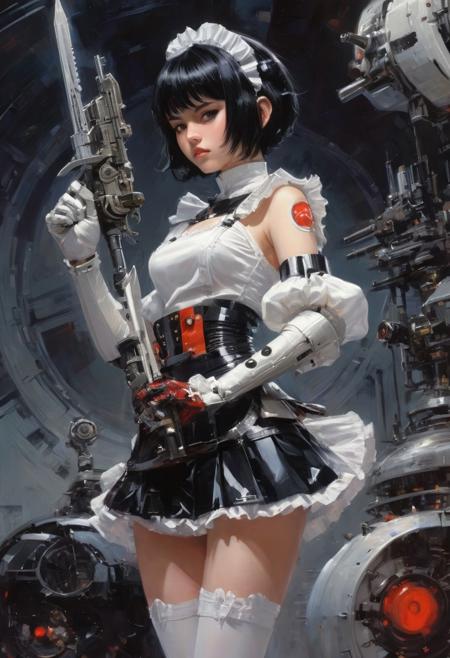1girl, black hair, short hair, maid outfit, frills, black dress, white apron, standing, looking at viewer, holding weapon, mechanical elements, futuristic, solo, headband, detailed background, gloves, thigh-highs, cosplay, intricate design, dark background, sci-fi, red accents, armor，dskxadms，comic art style,John Berkey Style page