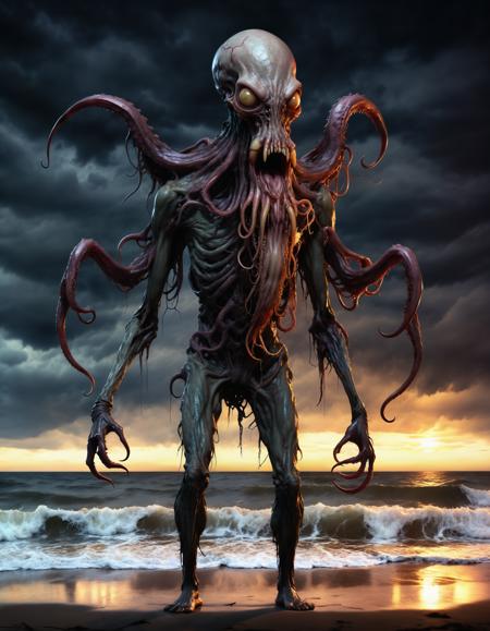 award winning horror-themed photograph taken by h.p. lovecraft, angle view, malevolent ominous inhuman cryptid, shambling humanoid with the head of a squid, rising out of the sea, dark beach at night, chroma, rim lighting, 8k resolution, trending on artstation  <lora:xl_more_art-full_v1:0.8>