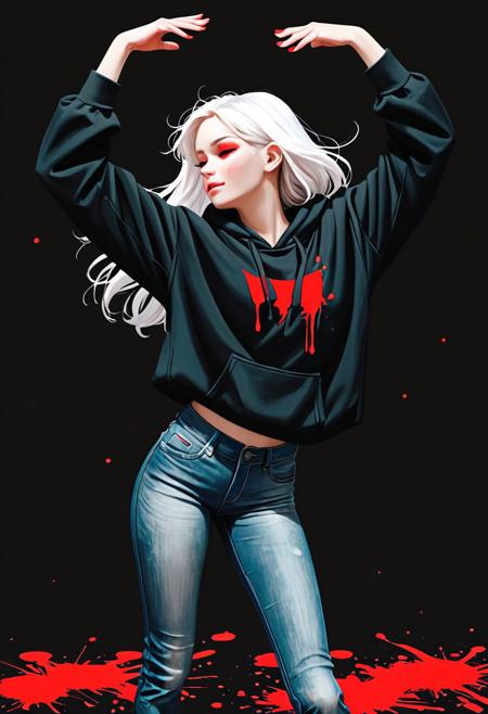 girl, dancing, black hoodie, white hair, jeans,  rbw-style, red paint splatter