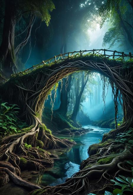 An ancient bridge made of living roots and vines spanning across a crystal-clear river, bioluminescent plants illuminating the path, dense forest in the background, mist rising from the water, serene and magical atmosphere, cinematic lighting, hyper detailed, fantasy landscape, PG-TR