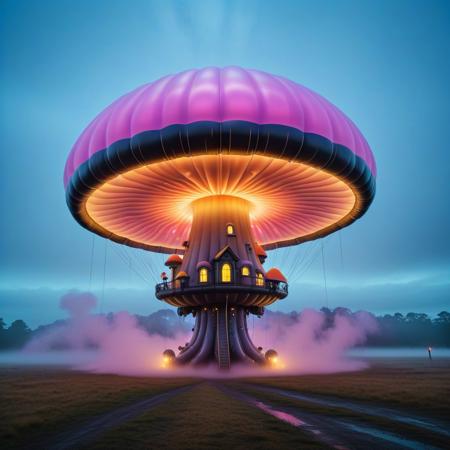 sfw, shnywrld, art style,  ,masterpiece,(best quality),extremely detailed ,   scifi, cyberpunk, steampunk, inflatable, zipper, mushroom, dramatic scene, in an open space, liminal,colourful fog, mist,colourful smoke, , shnywrld<lora:challenge\shinyworld_2dim.safetensors:0.75:0.75>