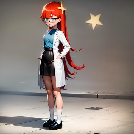 ((masterpiece, best quality)),(complex lighting), solo, 1girl, full body,Susan test, glasses,long hair,red hair, labcoat,blue eyes,simple background, hair ornament,<lora:susanTest14-10:0.8>,mary janes shoes, star \(symbol\), white socks,