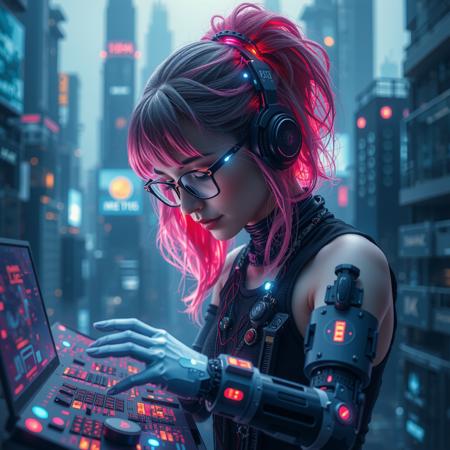 cinematic photo a cyberpunk girl with neon hair hacking into a massive digital interface, her augmented hands glowing as she manipulates code in a high-tech cityscape. 35mm photograph, film, bokeh, professional, 4k, highly detailed