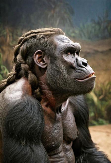 award winning wildlife (medium long shot:1.4), 35mm film movie still, ultra photorealistic, photorealism, (upper profile) shot of a defeated old Gorilla in pain with the (sunken head:1.4), (braided hair, braids:1.3), mourning (looking depressed down:1.2), (glossy eyes) cinestill, film grain, taken with hasselblad H6D 100c, the HCD 24mm lens, hazy mood, cinematic dramatic lighting, cold muted colors, (DOF:1.4), (dark lush jungle background), sharp focus, (perfect real extremely details), amazing fine detail, absurdres, hyper realistic lifelike texture, dramatic lighting