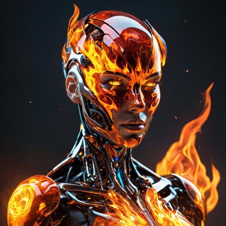 Human anatomy, (fragmented body parts, 3d flames fragmentation of body, flames and orbs breaking off face, cgi surreal masterpiece, vibrant colors, rim lighting, magical fragmentation, biosphere decomposition, high detail, floating parts:1.4), detailed cosmic background, fractal art, galaxy light vision, 16k, astral concept art, sharp lines, intricate, sophisticated, female,  <lora:add-detail-xl:0.64>,  fiery glow, fiery eyes, android, cyborg, supernova, dynamic angle, from side, no pupils, flaming eyes,