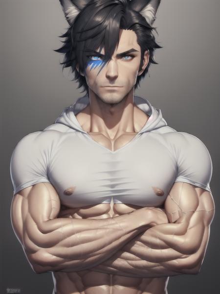 (T-shirt hood crossed arms, arms, muscle muscular Macho large pectorals abs veins, veiny_arms, veiny_hands, veiny_belly, veiny_breasts, dark_skin, upper_body), eyes_glittering, detailed_eyes, beautiful_and_delicate_eyes, anime_face, panning_photography, high-quality 8k ultra-resolution, face_like_game_character, character_design, best_quality, shirt, short_hair skindentation, (solo male, detailed_eyes streaked_hair), (wolf_ears), male_focus, short_hair, toned, toned_male