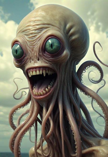A creepy mutant alien with long tentacles, smiling and looking at the viewer, in the style of ZdzisBaw BeksiDski --v 5. 2 --style raw --ar 49:64