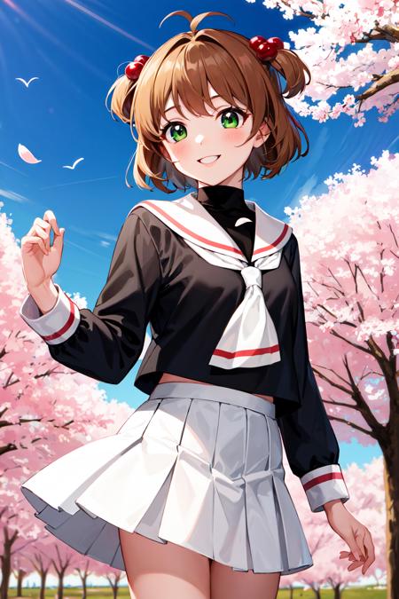 masterpiece, best quality, highres, kinomoto sakura, 1girl, brown hair, short hair, antenna hair, two side up, hair bobbles, green eyes, school uniform, white sailor collar, black shirt, long sleeves, white skirt, pleated skirt, <lora:kinomoto_sakura_v1:0.7>, cowboy shot, standing, cherry blossoms, outdoors, smile